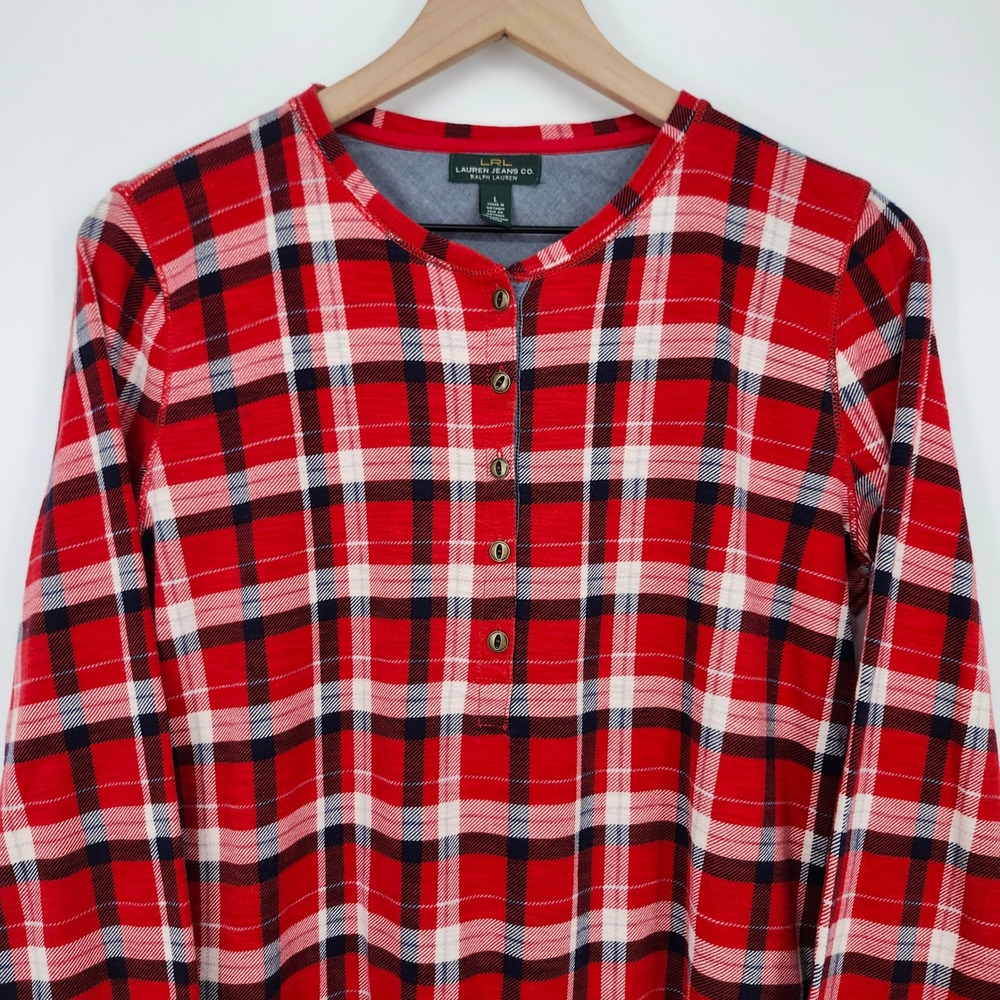 LRL Lauren Ralph Lauren Womens Plaid Henley Top Size L Red Blue Preppy Classic - Picture 3 of 7